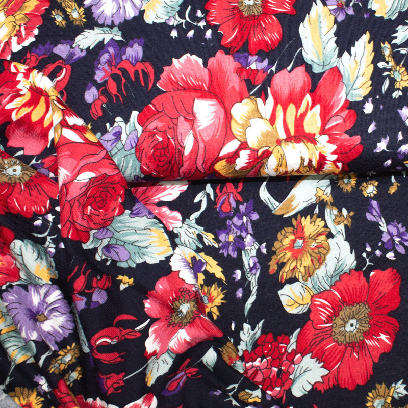 Jersey Viskose bedruckt Blumen schwarz
