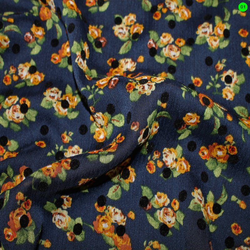 Crepe Chiffon dunkelblau Rosen mit Punkten,  in drei Farben 01 Rosen gelb-braun