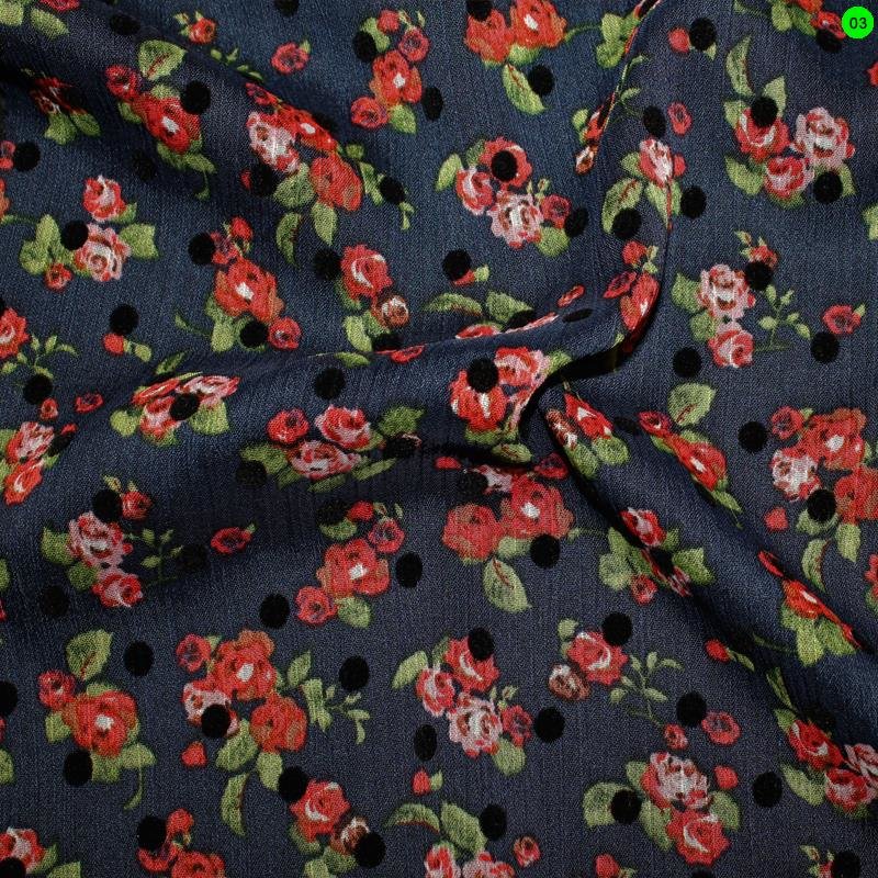 Crepe Chiffon dunkelblau Rosen mit Punkten,  in drei Farben 03 Rosen rosa-rot