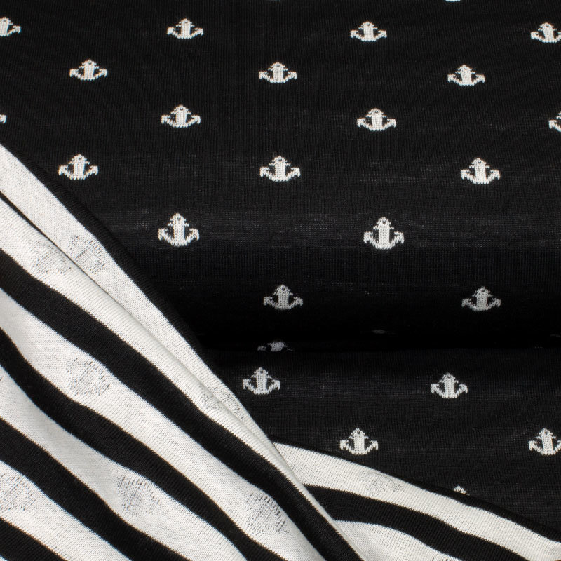 Feine Doubleface Jersey schwarz Streifen-Anker
